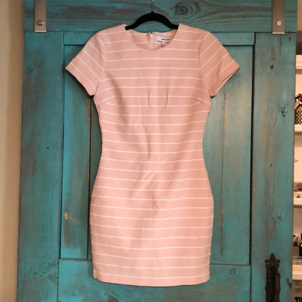 Pink and white striped dress with cuff sleeve